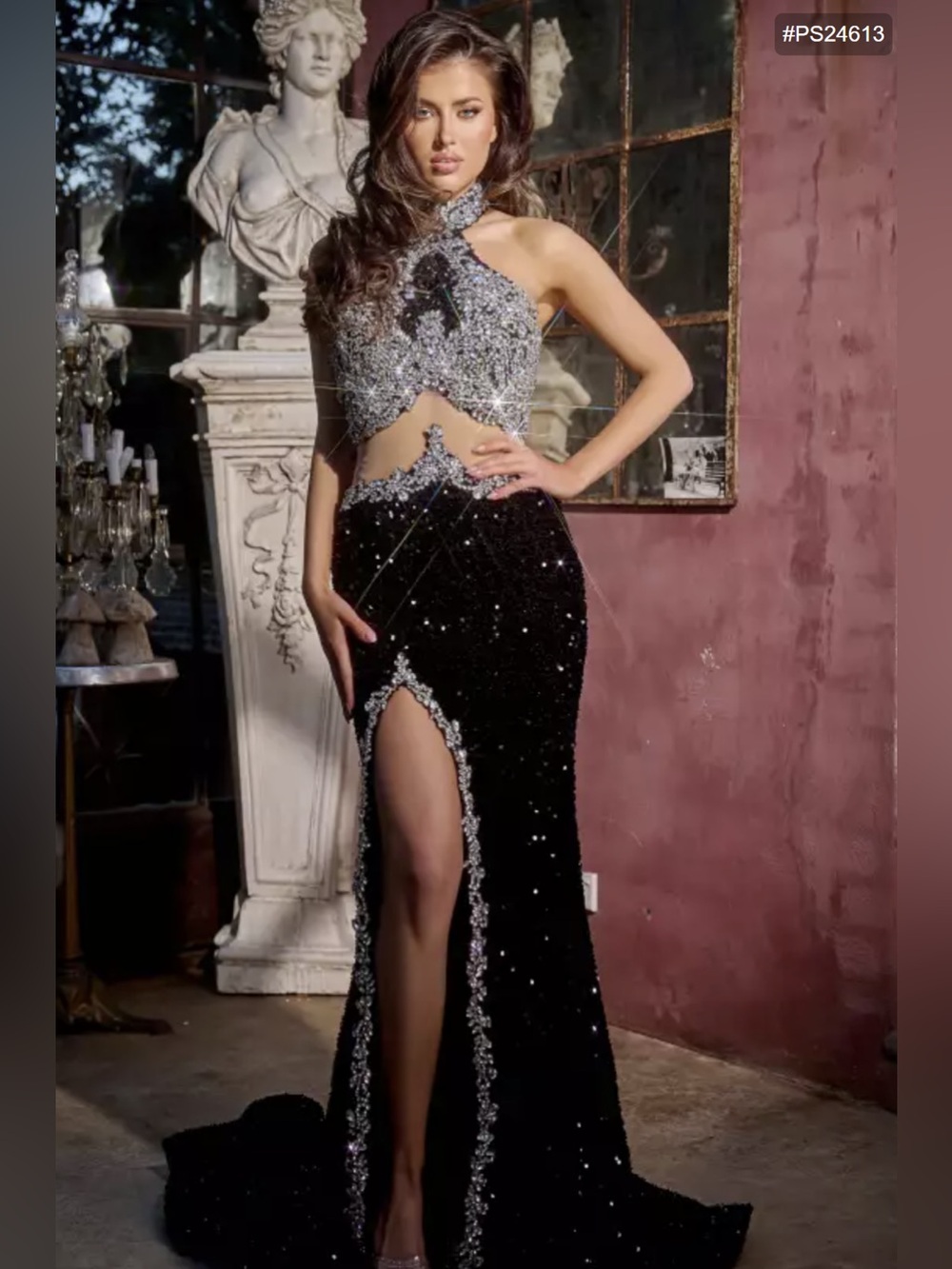 Portia and Scarlett Black & Silver Beaded Two-Piece Evening Gown